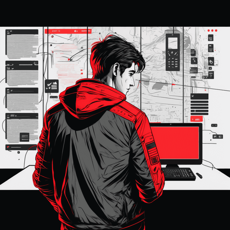 Illustration of Andrés in a red jacket at a workstation surrounded by interface panels